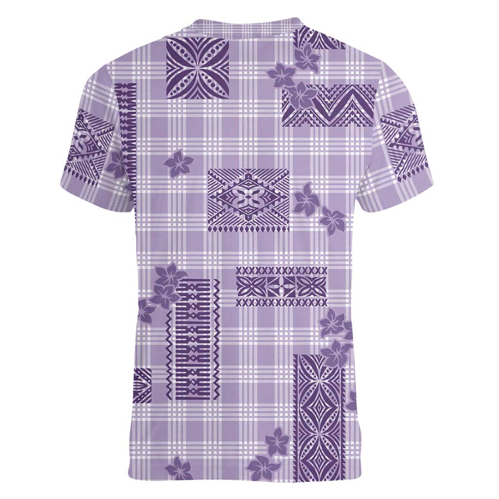 Hawaiian Quilt Tapa On Lilac Palaka Motifs Women V-Neck T-Shirt