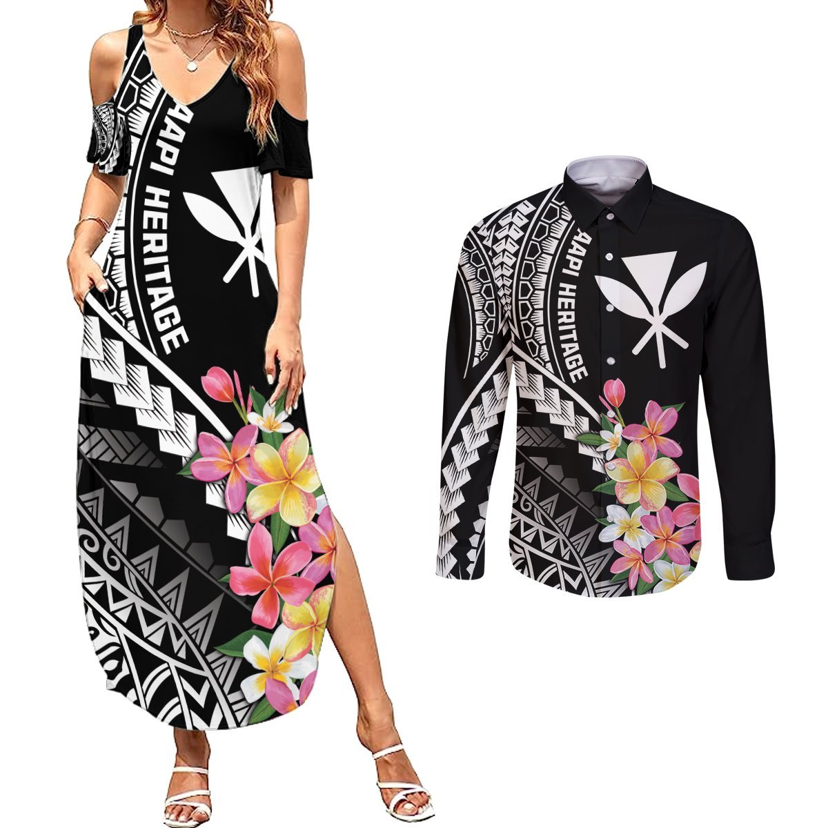 AAPI Heritage Month Couples Matching Summer Maxi Dress and Long Sleeve Button Shirt Kanaka Hawaii Plumeria LT7 Black - Polynesian Pride