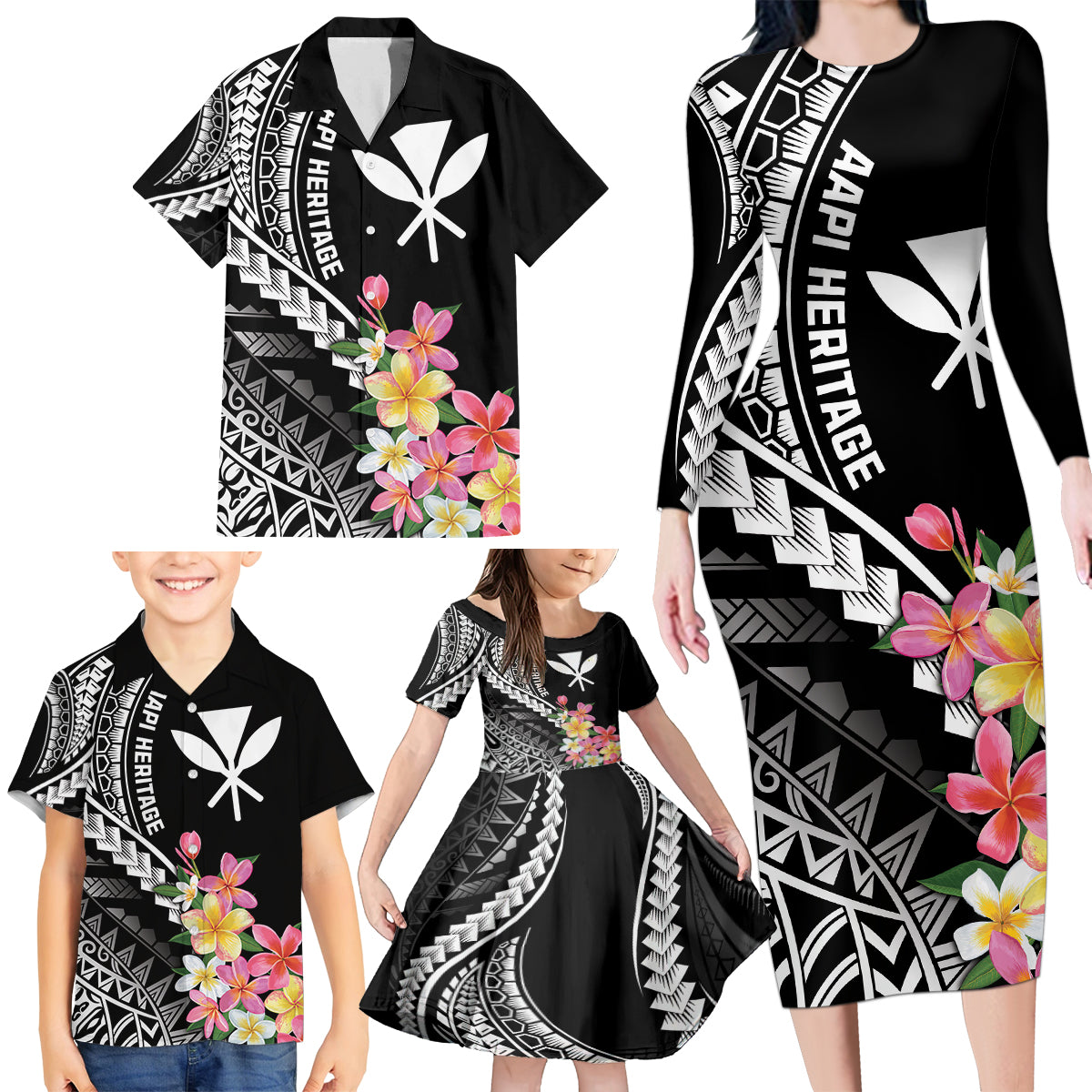 AAPI Heritage Month Family Matching Long Sleeve Bodycon Dress and Hawaiian Shirt Kanaka Hawaii Plumeria LT7 - Polynesian Pride
