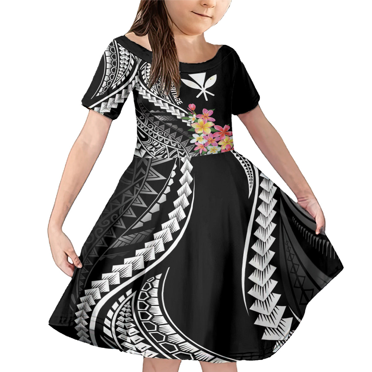 AAPI Heritage Month Family Matching Mermaid Dress and Hawaiian Shirt Kanaka Hawaii Plumeria LT7 Daughter's Dress Black - Polynesian Pride