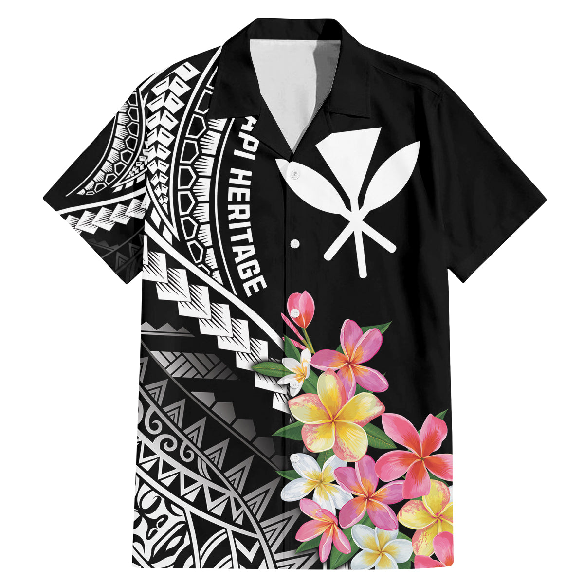AAPI Heritage Month Family Matching Mermaid Dress and Hawaiian Shirt Kanaka Hawaii Plumeria LT7 Dad's Shirt - Short Sleeve Black - Polynesian Pride