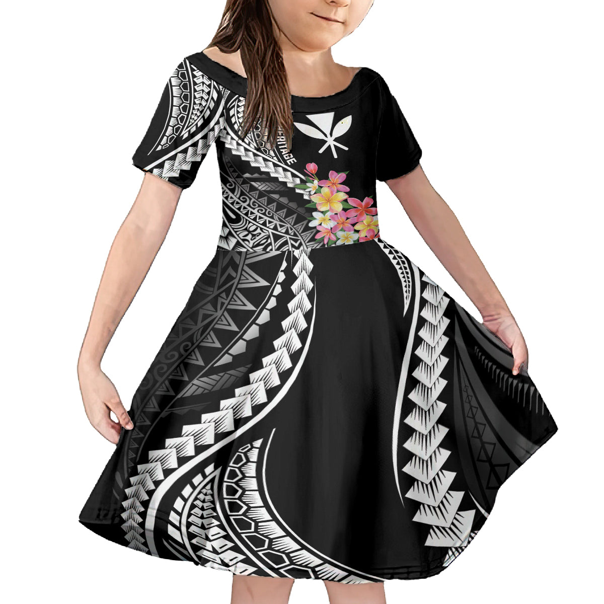 AAPI Heritage Month Family Matching Puletasi and Hawaiian Shirt Kanaka Hawaii Plumeria LT7 Daughter's Dress Black - Polynesian Pride