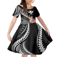 AAPI Heritage Month Family Matching Puletasi and Hawaiian Shirt Kanaka Hawaii Plumeria LT7 Daughter's Dress Black - Polynesian Pride
