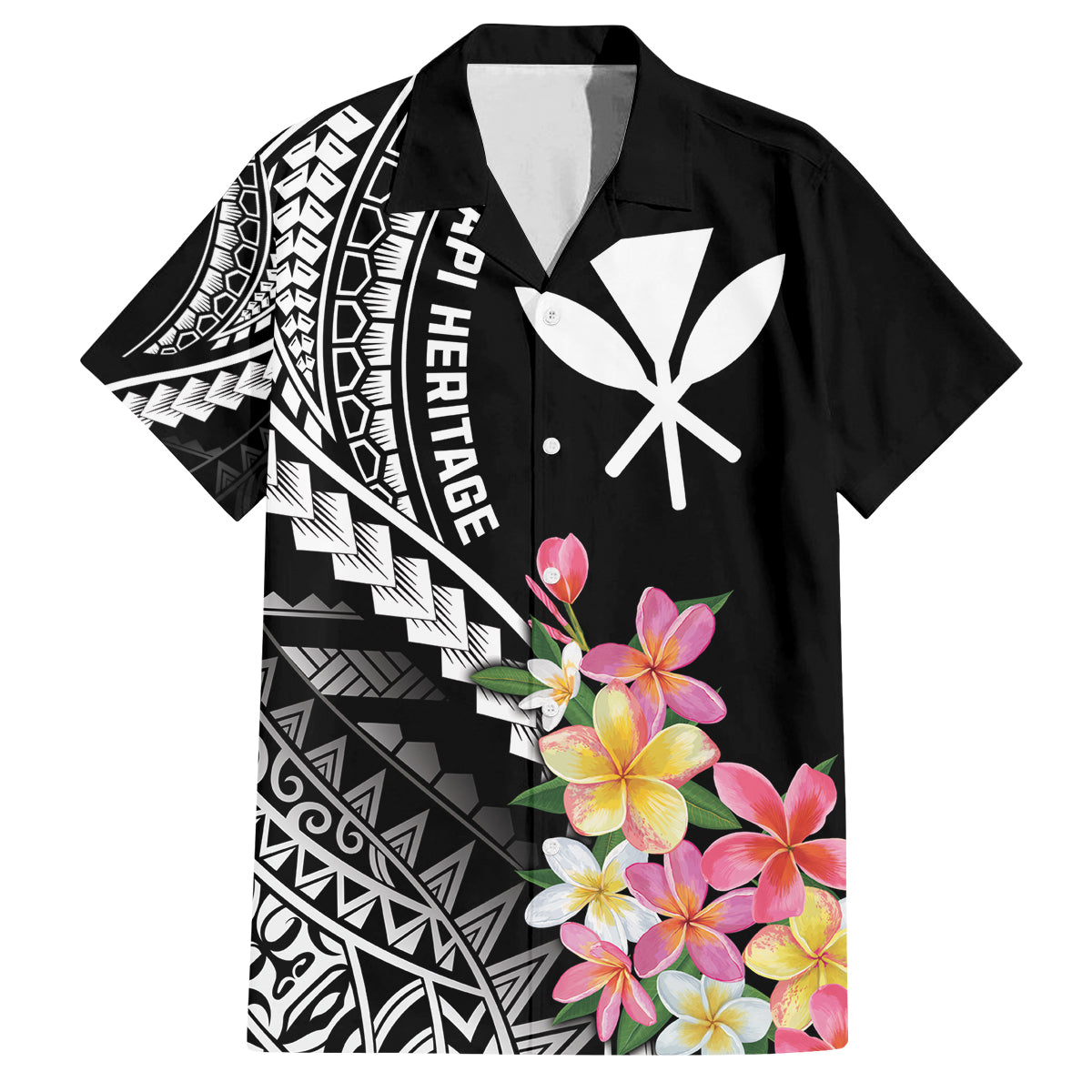 AAPI Heritage Month Family Matching Puletasi and Hawaiian Shirt Kanaka Hawaii Plumeria LT7 Dad's Shirt - Short Sleeve Black - Polynesian Pride