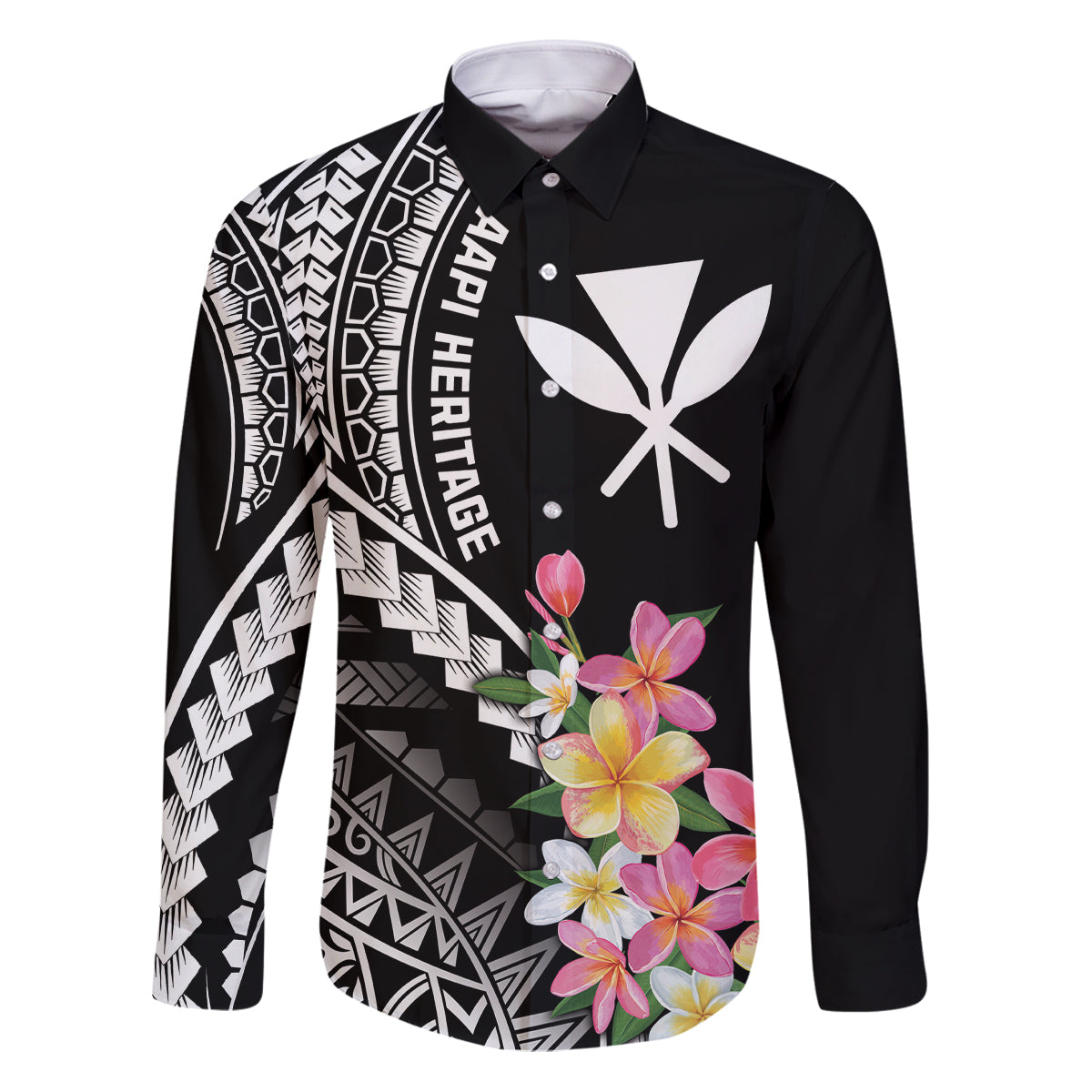 AAPI Heritage Month Family Matching Puletasi and Hawaiian Shirt Kanaka Hawaii Plumeria LT7 Dad's Shirt - Long Sleeve Black - Polynesian Pride