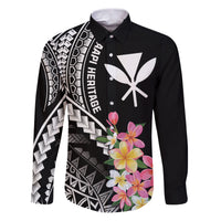 AAPI Heritage Month Family Matching Puletasi and Hawaiian Shirt Kanaka Hawaii Plumeria LT7 Dad's Shirt - Long Sleeve Black - Polynesian Pride