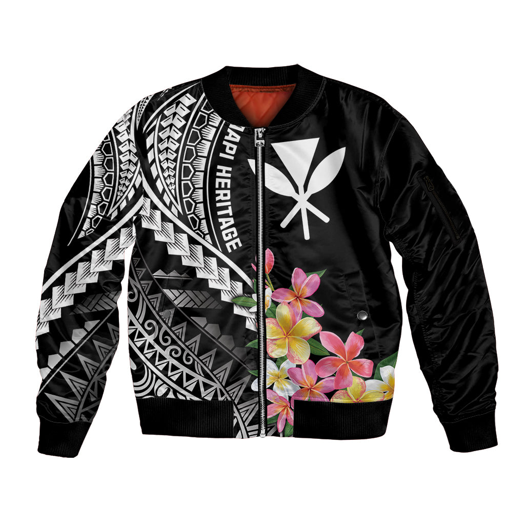 AAPI Heritage Month Sleeve Zip Bomber Jacket Kanaka Hawaii Plumeria LT7 Unisex Black - Polynesian Pride