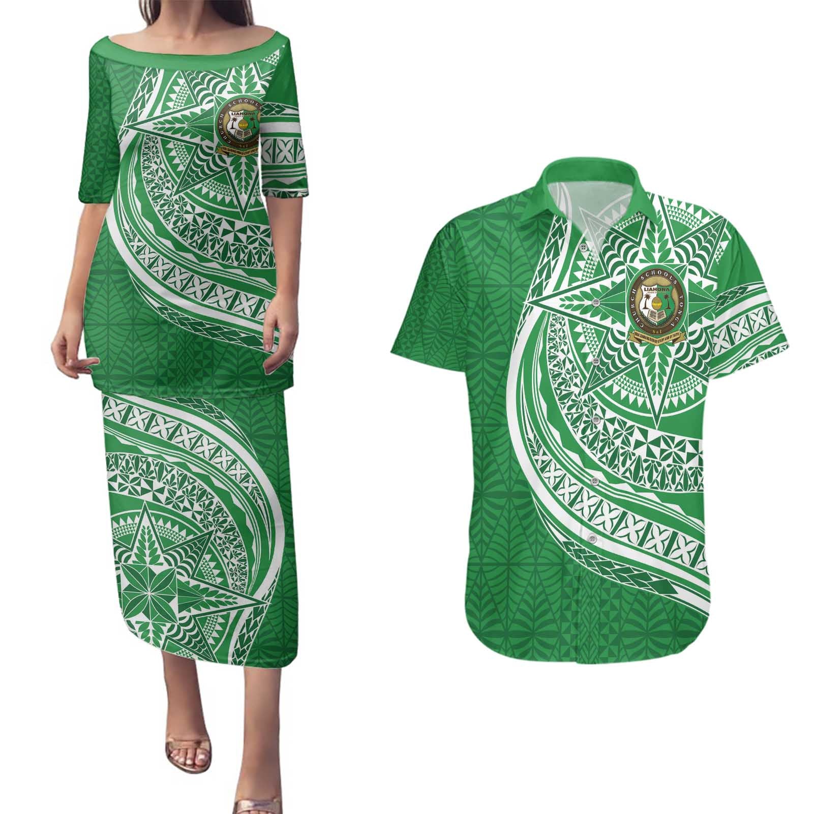 Tonga Liahona High School Personalized Couples Matching Puletasi and Hawaiian Shirt Ngatu Tokelaufeletoa Motifs