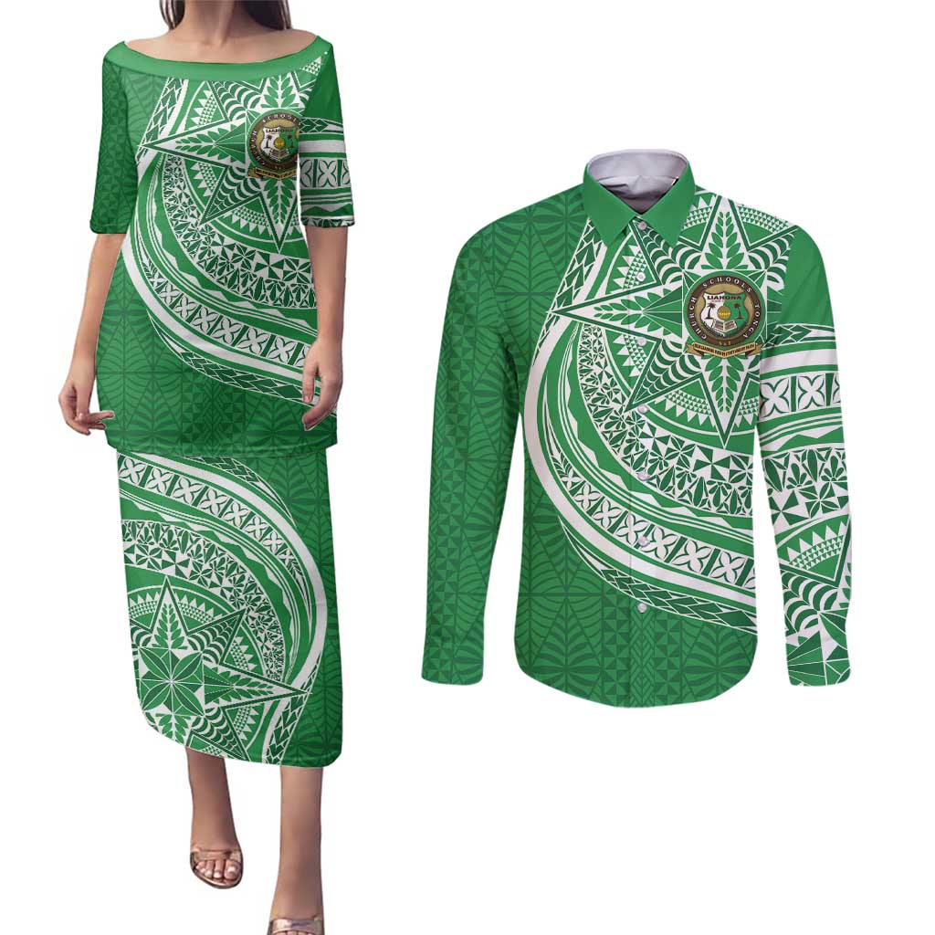 Tonga Liahona High School Personalized Couples Matching Puletasi and Long Sleeve Button Shirt Ngatu Tokelaufeletoa Motifs