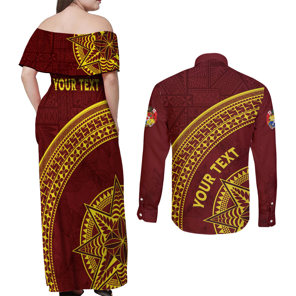 Tonga High School Couples Matching Off Shoulder Maxi Dress and Long Sleeve Button Shirt THS Anniversary Ngatu Motif