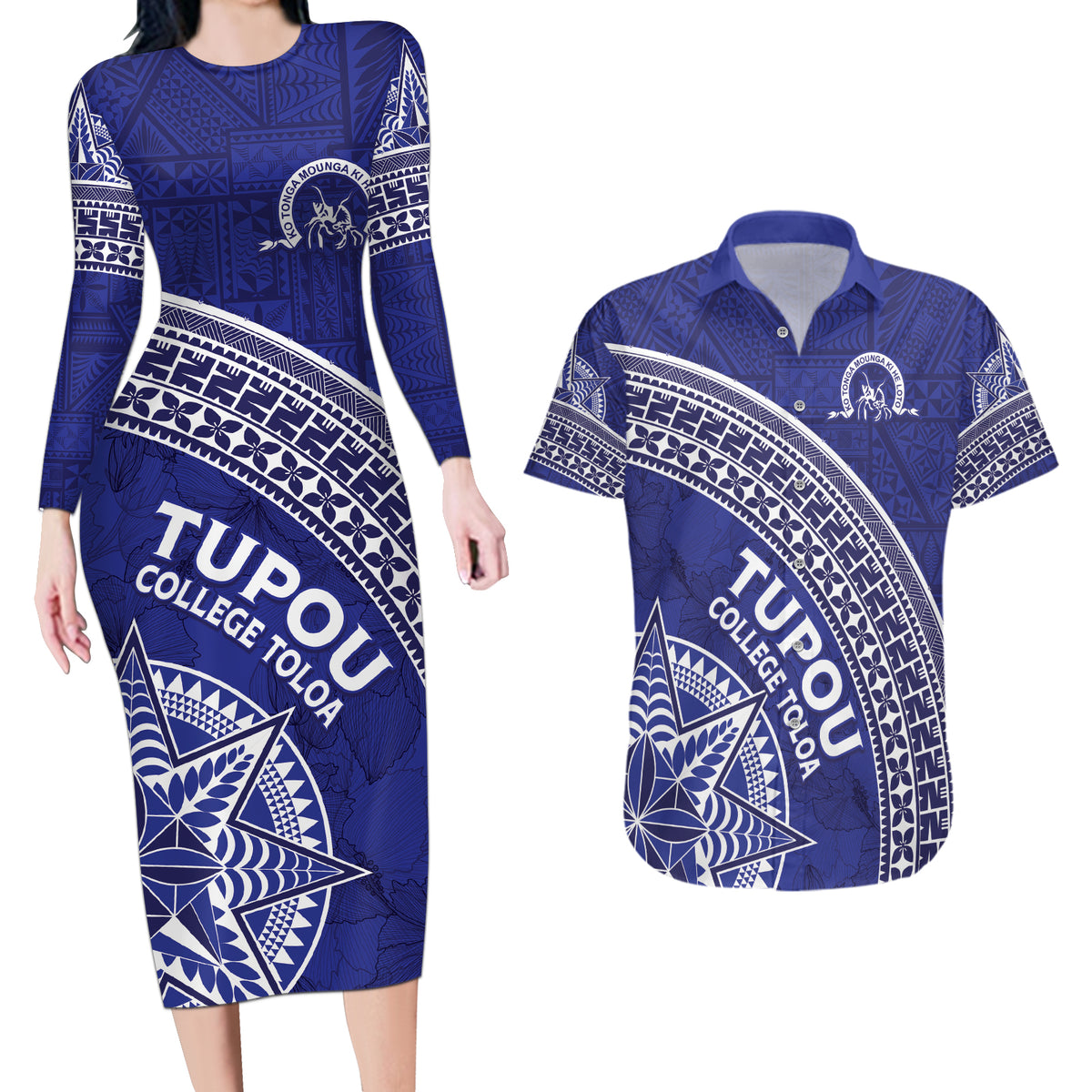 Tupou College Toloa Couples Matching Long Sleeve Bodycon Dress and Hawaiian Shirt Ngatu Tapa Mix Style LT7 Blue - Polynesian Pride