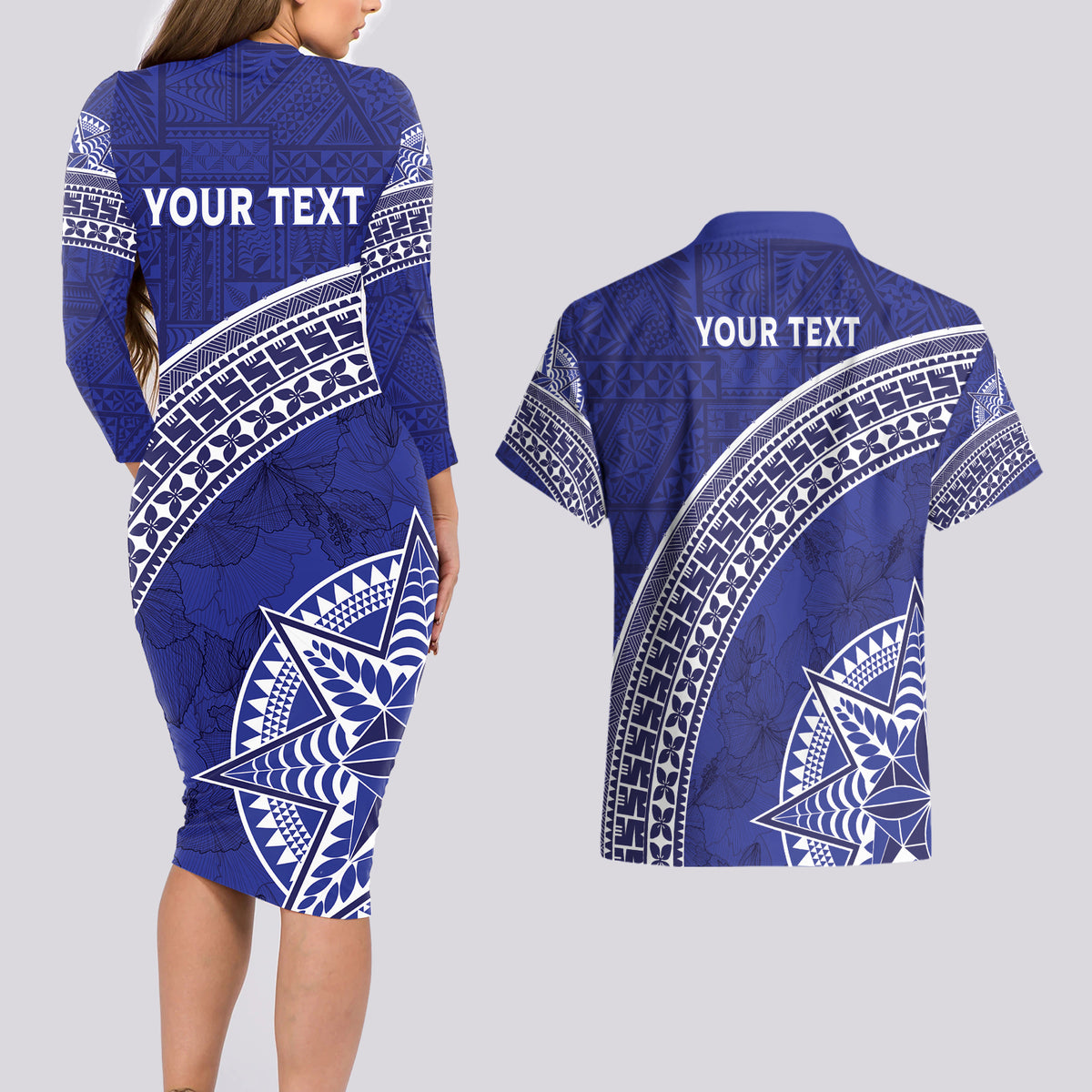 Tupou College Toloa Couples Matching Long Sleeve Bodycon Dress and Hawaiian Shirt Ngatu Tapa Mix Style LT7 - Polynesian Pride