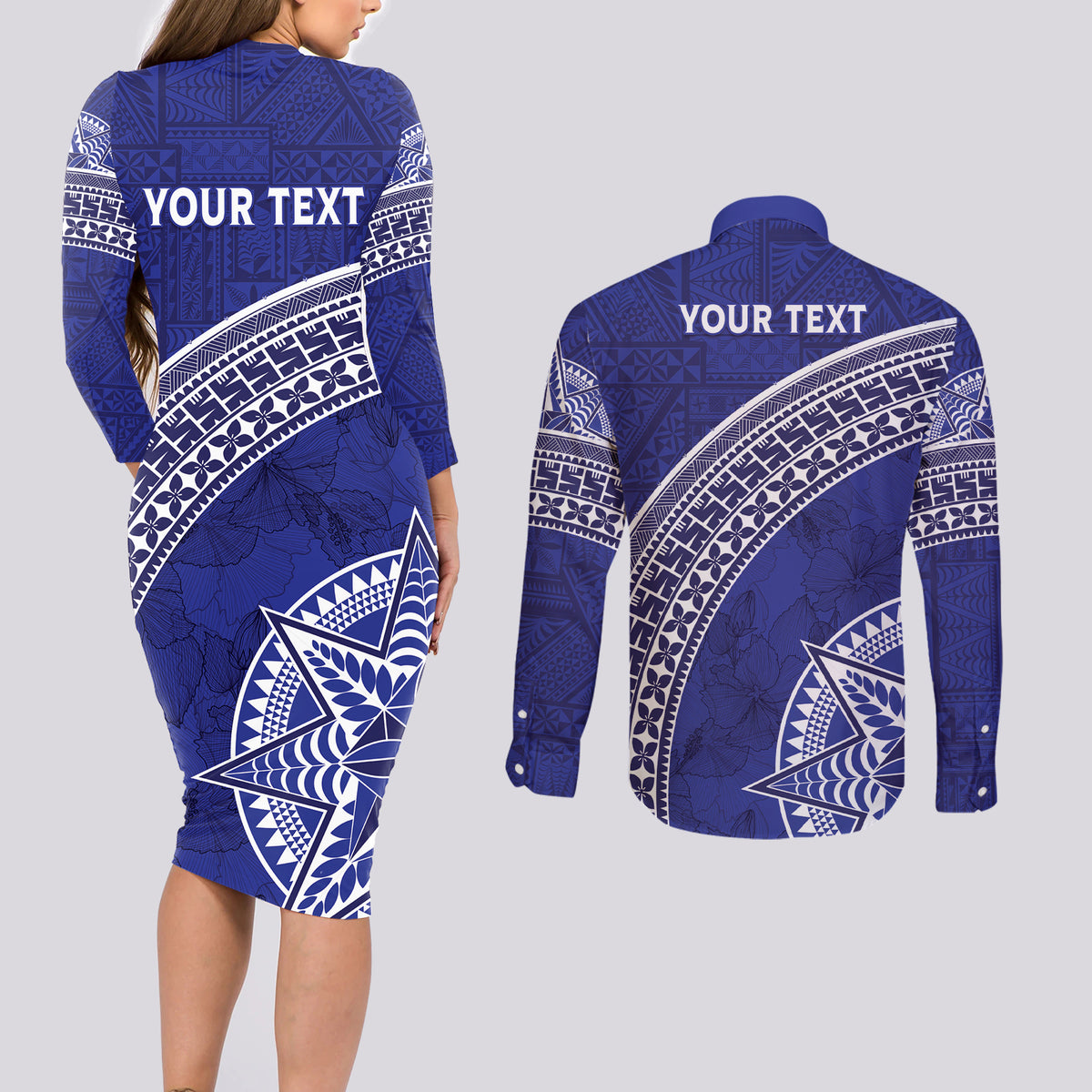Tupou College Toloa Couples Matching Long Sleeve Bodycon Dress and Long Sleeve Button Shirt Ngatu Tapa Mix Style