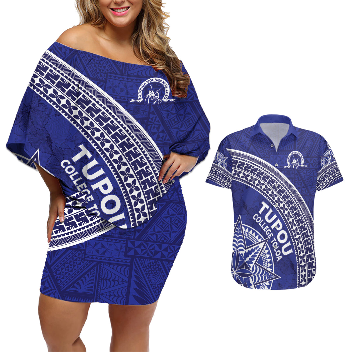 Tupou College Toloa Couples Matching Off Shoulder Short Dress and Hawaiian Shirt Ngatu Tapa Mix Style