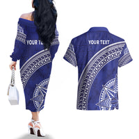 Tupou College Toloa Couples Matching Off The Shoulder Long Sleeve Dress and Hawaiian Shirt Ngatu Tapa Mix Style