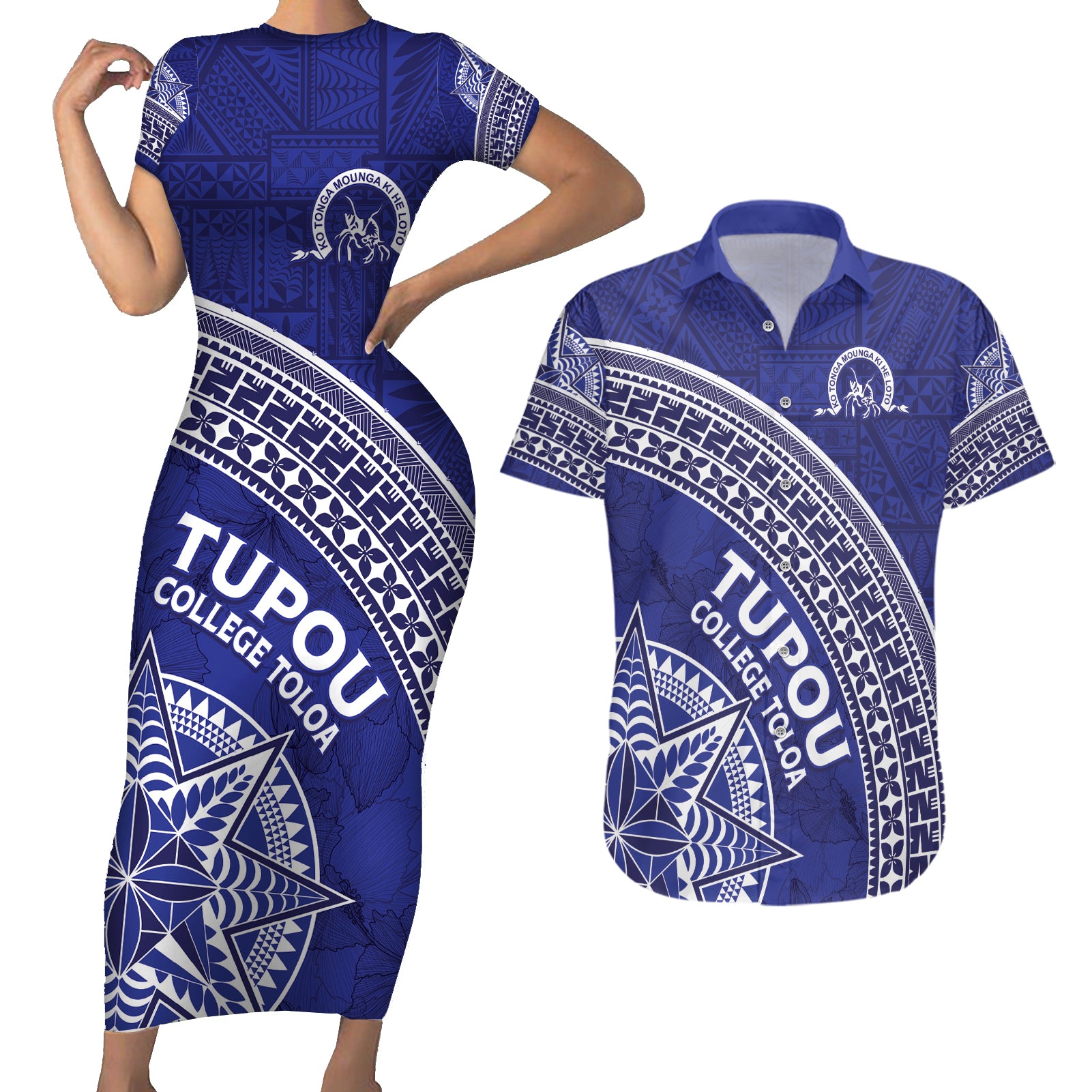 Tupou College Toloa Couples Matching Short Sleeve Bodycon Dress and Hawaiian Shirt Ngatu Tapa Mix Style