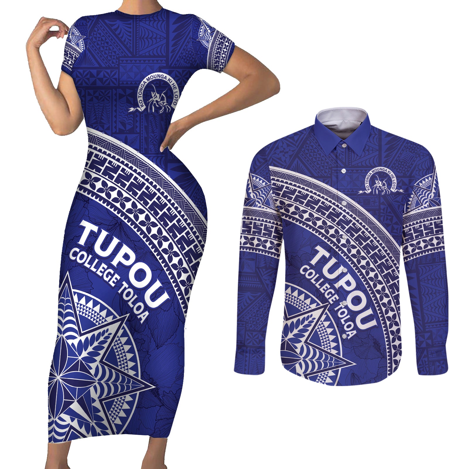 Tupou College Toloa Couples Matching Short Sleeve Bodycon Dress and Long Sleeve Button Shirt Ngatu Tapa Mix Style