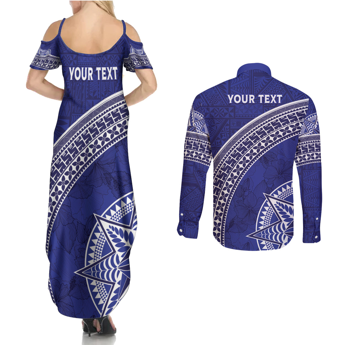 Tupou College Toloa Couples Matching Summer Maxi Dress and Long Sleeve Button Shirt Ngatu Tapa Mix Style