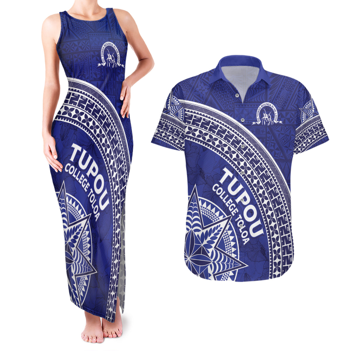 Tupou College Toloa Couples Matching Tank Maxi Dress and Hawaiian Shirt Ngatu Tapa Mix Style
