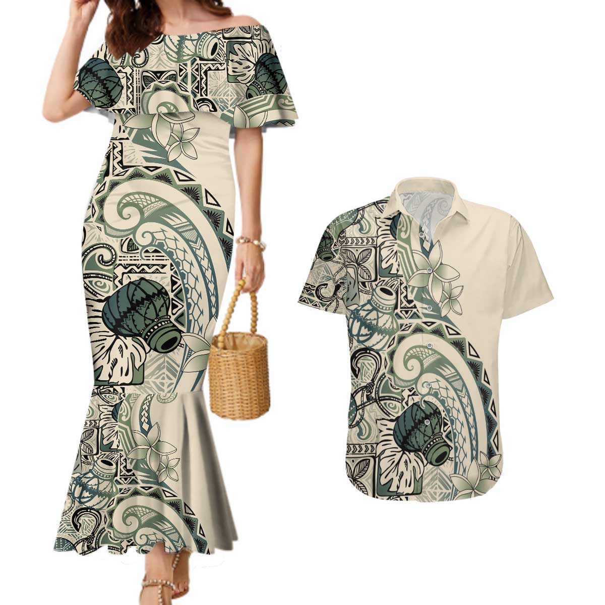 Aloha Hawaii Tapa Couples Matching Mermaid Dress and Hawaiian Shirt Summer Green Hawaiian Ipu LT7 Emerald - Polynesian Pride