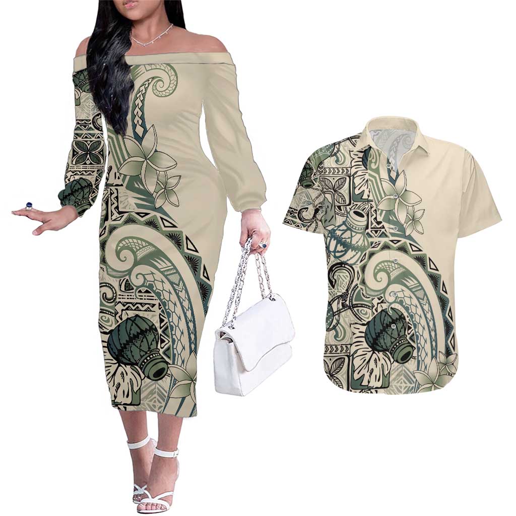 Aloha Hawaii Tapa Couples Matching Off The Shoulder Long Sleeve Dress and Hawaiian Shirt Summer Green Hawaiian Ipu - Polynesian Pride