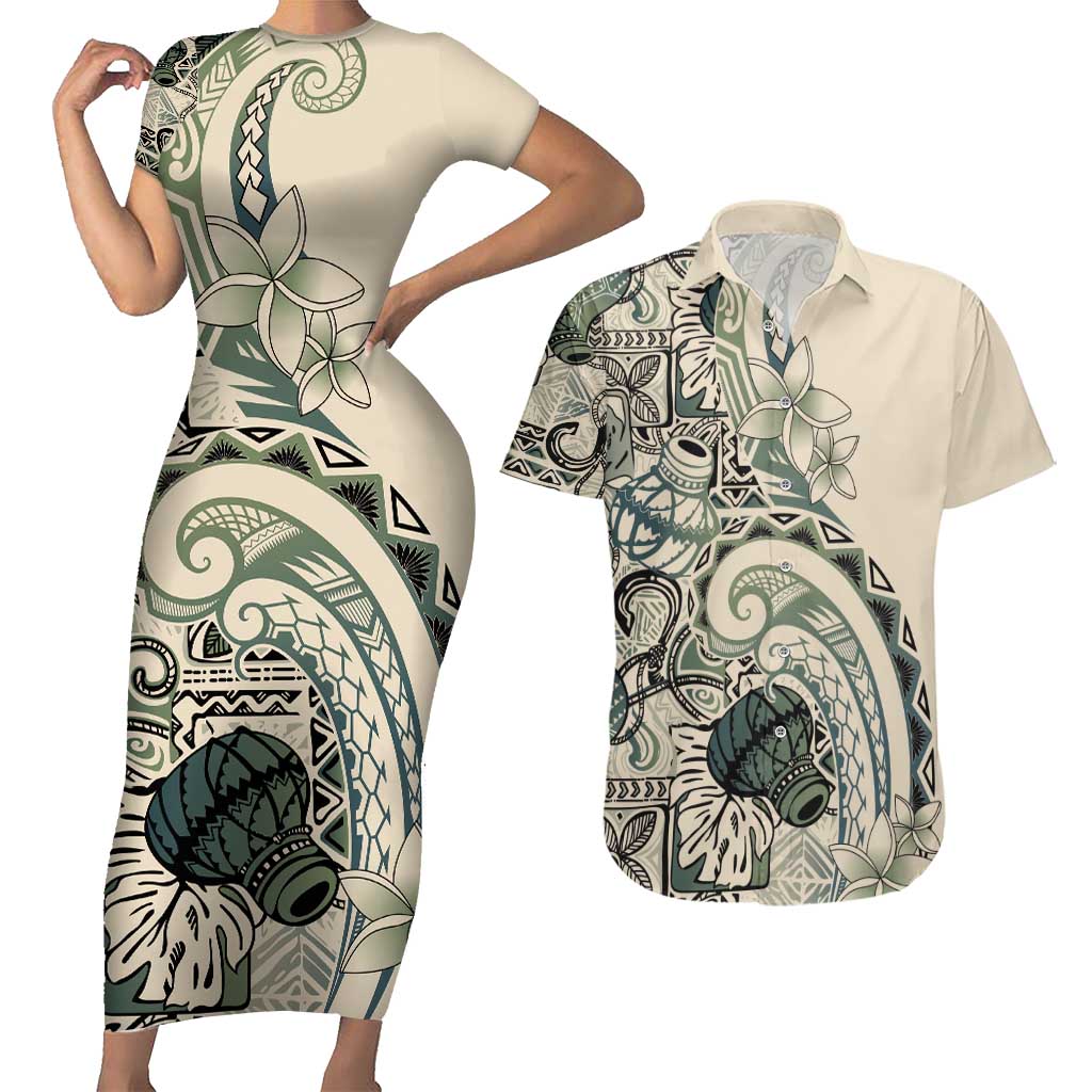 Aloha Hawaii Tapa Couples Matching Short Sleeve Bodycon Dress and Hawaiian Shirt Summer Green Hawaiian Ipu LT7 Emerald - Polynesian Pride