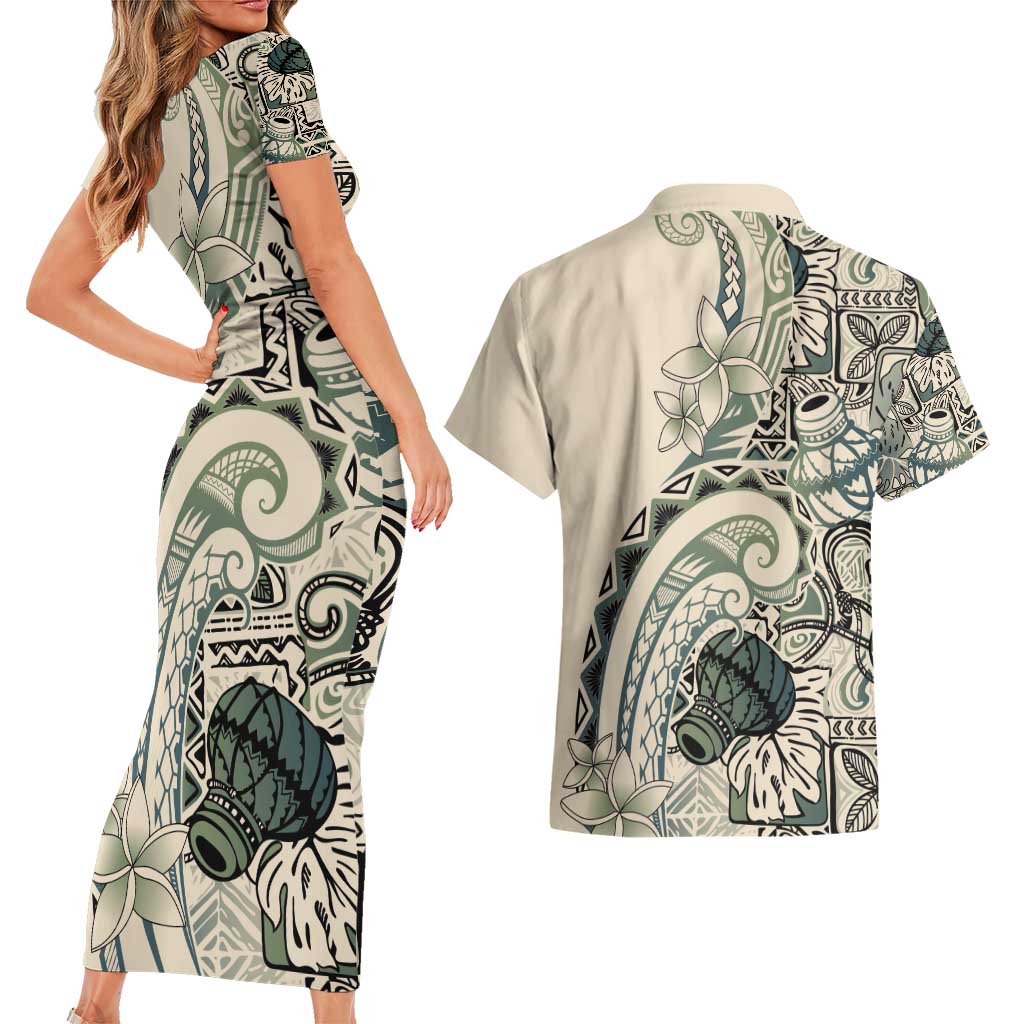 Aloha Hawaii Tapa Couples Matching Short Sleeve Bodycon Dress and Hawaiian Shirt Summer Green Hawaiian Ipu LT7 - Polynesian Pride