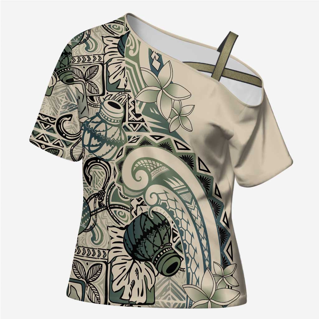 Aloha Hawaii Tapa Cross Shoulder Shirt Summer Green Hawaiian Ipu - Polynesian Pride