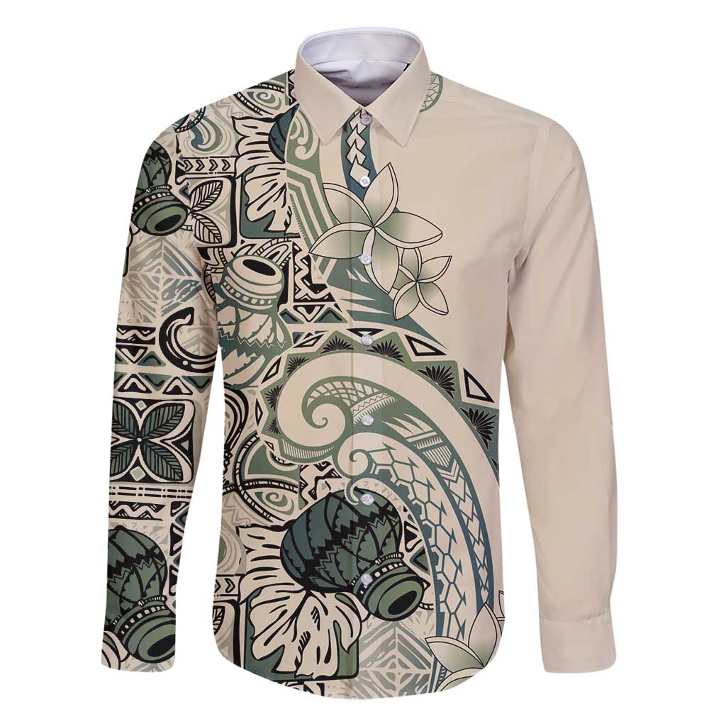 Aloha Hawaii Tapa Family Matching Long Sleeve Bodycon Dress and Hawaiian Shirt Summer Green Hawaiian Ipu LT7 Dad's Shirt - Long Sleeve Emerald - Polynesian Pride
