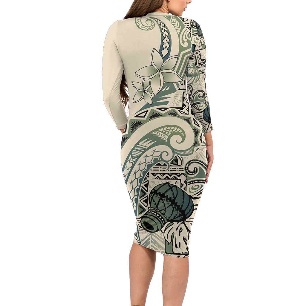 Aloha Hawaii Tapa Family Matching Long Sleeve Bodycon Dress and Hawaiian Shirt Summer Green Hawaiian Ipu LT7 - Polynesian Pride
