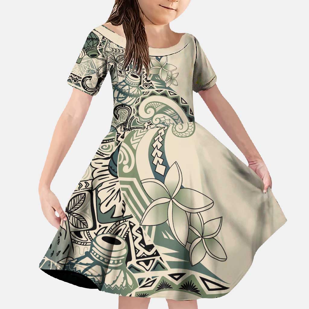 Aloha Hawaii Tapa Family Matching Mermaid Dress and Hawaiian Shirt Summer Green Hawaiian Ipu LT7 Daughter's Dress Emerald - Polynesian Pride