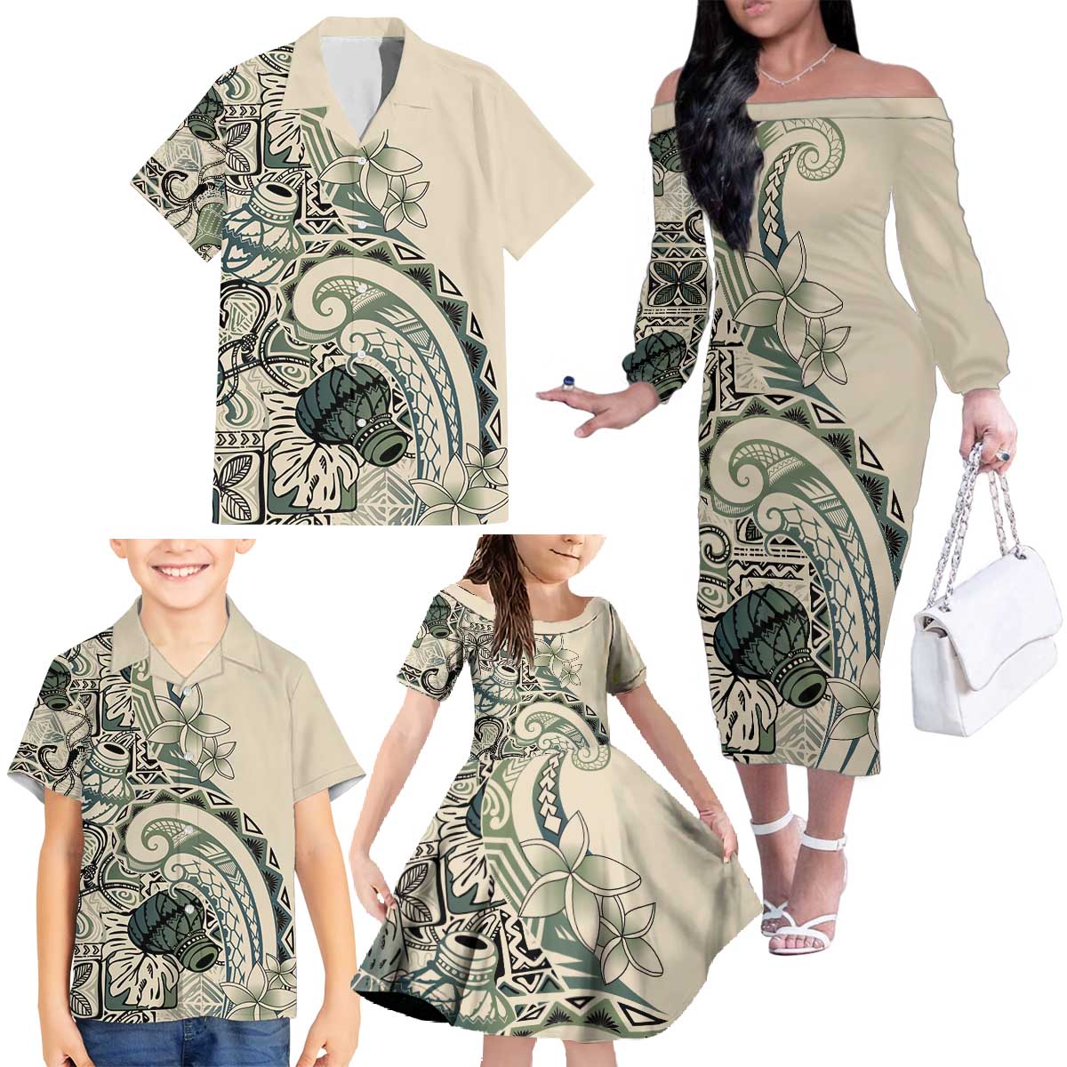 Aloha Hawaii Tapa Family Matching Off The Shoulder Long Sleeve Dress and Hawaiian Shirt Summer Green Hawaiian Ipu - Polynesian Pride