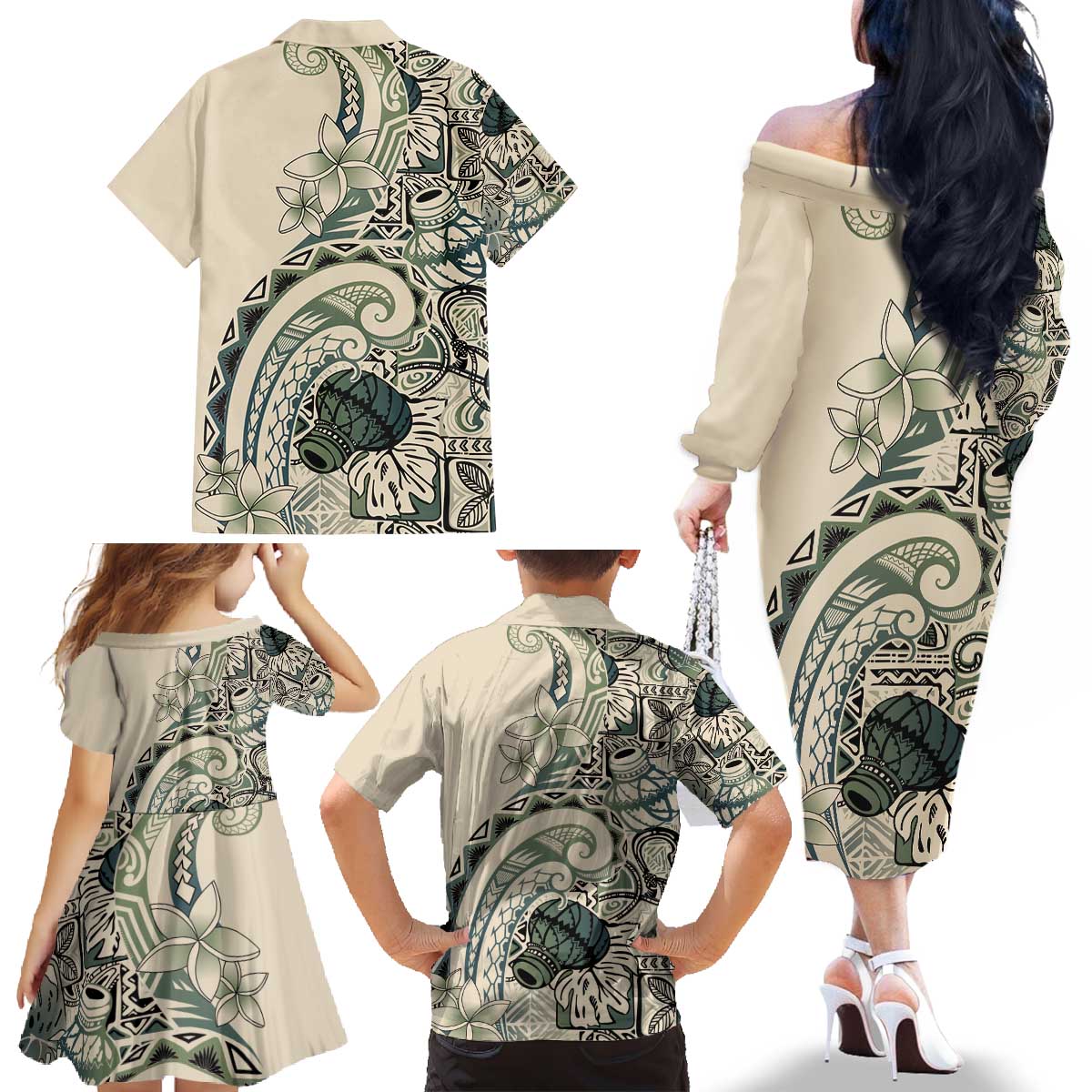 Aloha Hawaii Tapa Family Matching Off The Shoulder Long Sleeve Dress and Hawaiian Shirt Summer Green Hawaiian Ipu - Polynesian Pride