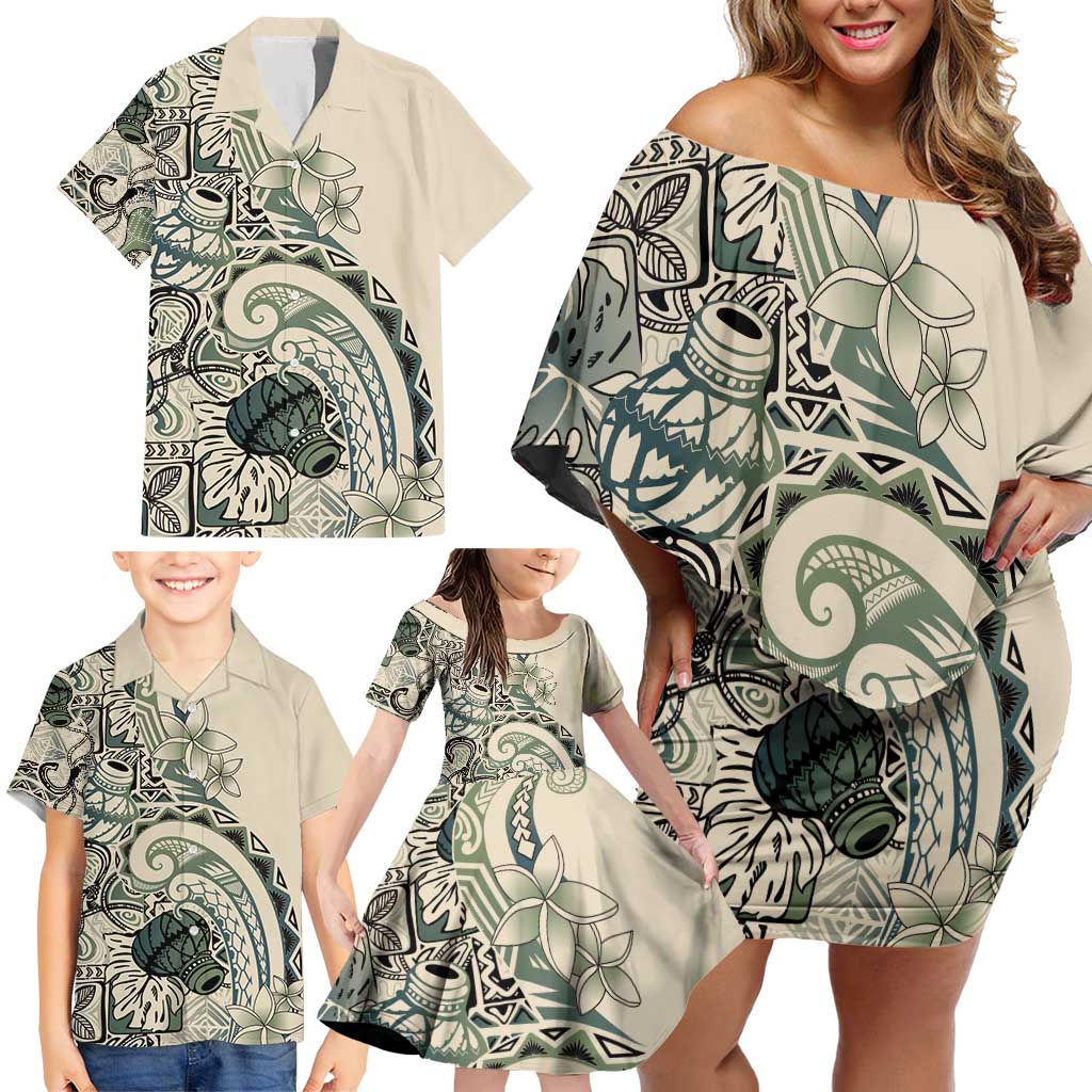 Aloha Hawaii Tapa Family Matching Off Shoulder Short Dress and Hawaiian Shirt Summer Green Hawaiian Ipu - Polynesian Pride