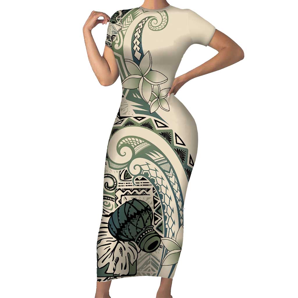 Aloha Hawaii Tapa Family Matching Short Sleeve Bodycon Dress and Hawaiian Shirt Summer Green Hawaiian Ipu LT7 Mom's Dress Emerald - Polynesian Pride
