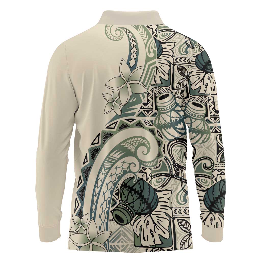 Aloha Hawaii Tapa Long Sleeve Polo Shirt Summer Green Hawaiian Ipu - Polynesian Pride