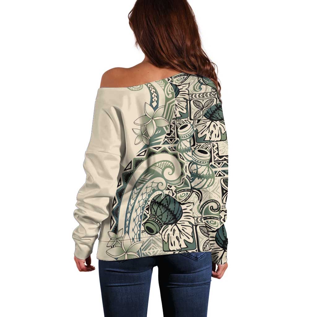 Aloha Hawaii Tapa Off Shoulder Sweater Summer Green Hawaiian Ipu - Polynesian Pride