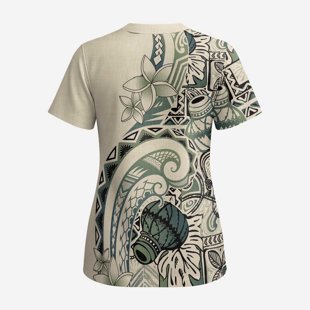 Aloha Hawaii Tapa Scrub Top Summer Green Hawaiian Ipu - Polynesian Pride