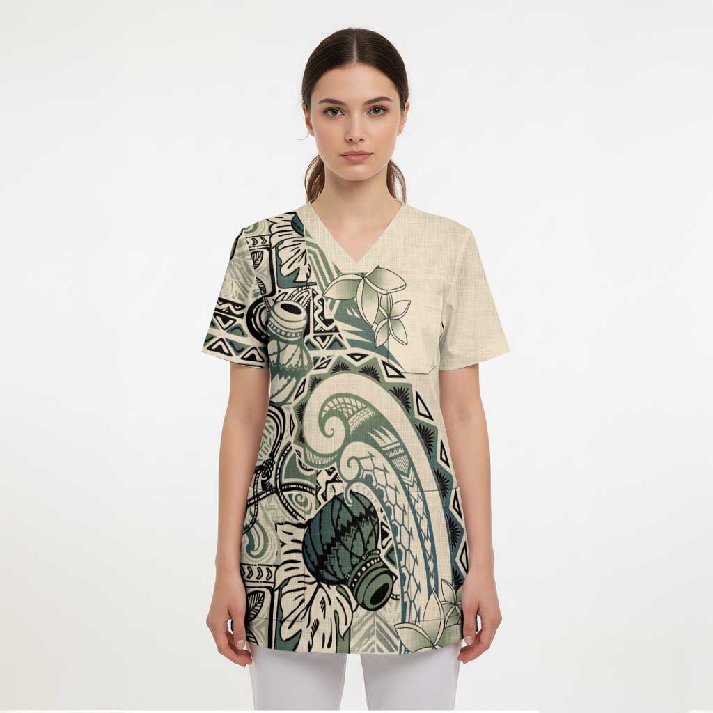 Aloha Hawaii Tapa Scrub Top Summer Green Hawaiian Ipu - Polynesian Pride
