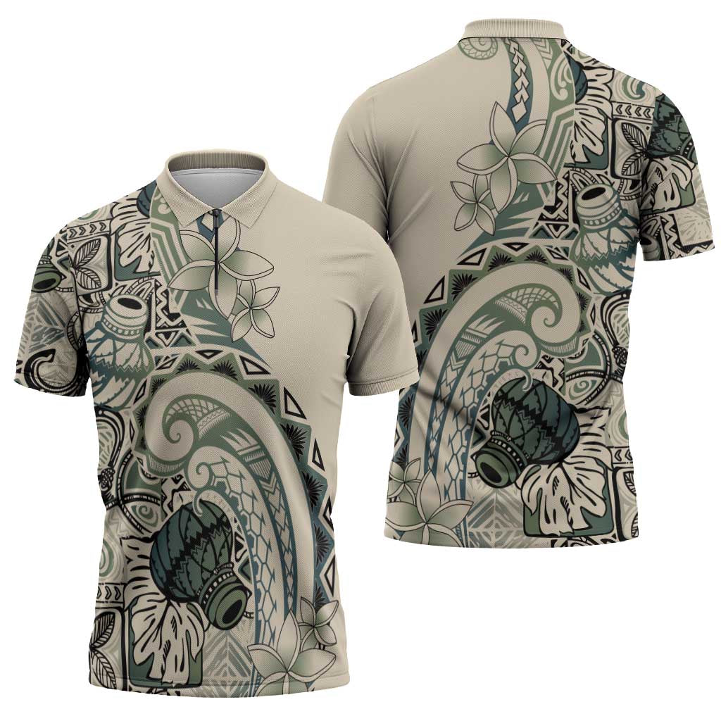 Aloha Hawaii Tapa Zipper Polo Shirt Summer Green Hawaiian Ipu - Polynesian Pride