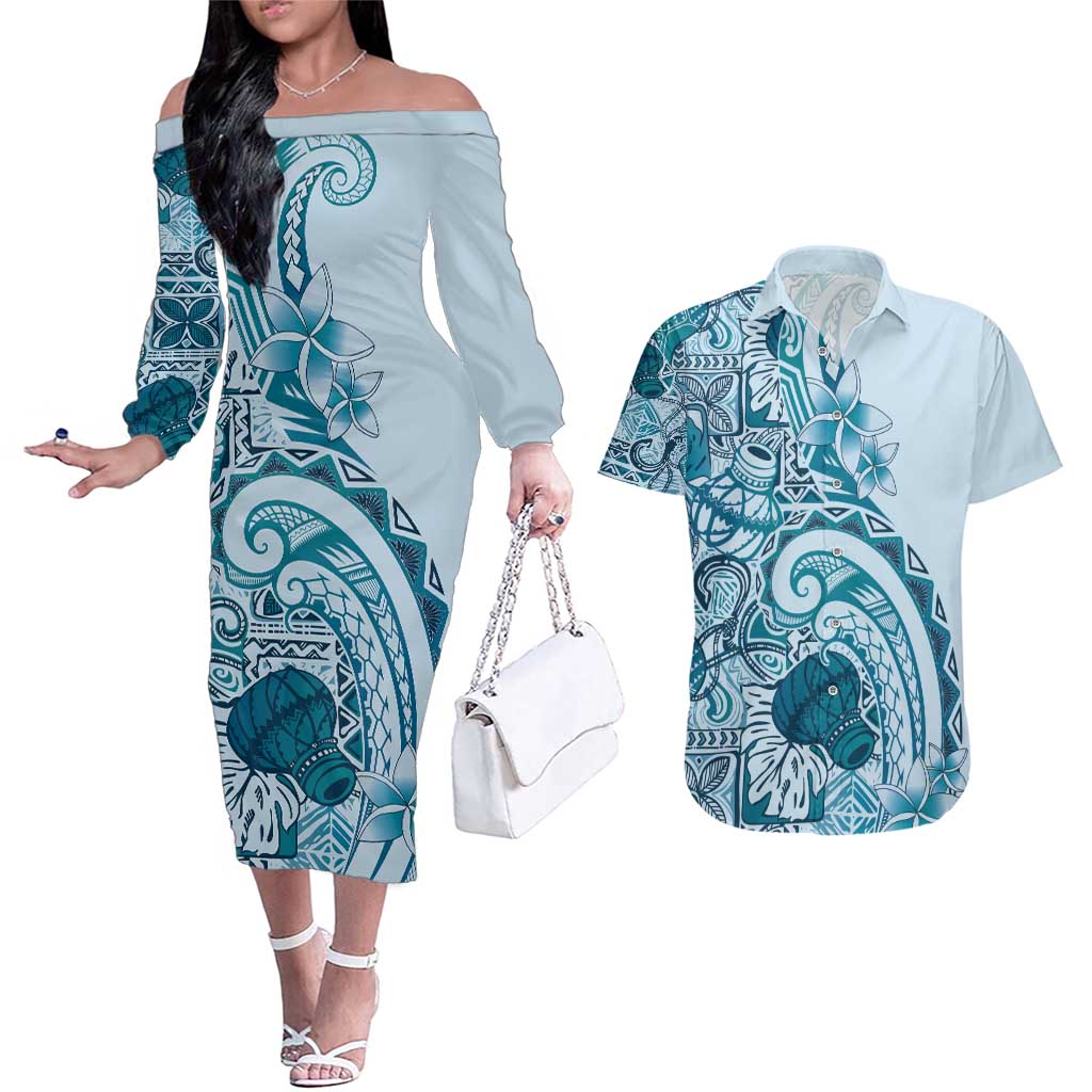 Aloha Hawaii Tapa Couples Matching Off The Shoulder Long Sleeve Dress and Hawaiian Shirt Cool Turquoise Hawaiian Ipu - Polynesian Pride