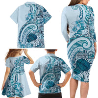 Aloha Hawaii Tapa Family Matching Long Sleeve Bodycon Dress and Hawaiian Shirt Cool Turquoise Hawaiian Ipu LT7 - Polynesian Pride