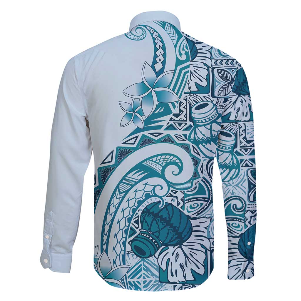 Aloha Hawaii Tapa Family Matching Long Sleeve Bodycon Dress and Hawaiian Shirt Cool Turquoise Hawaiian Ipu LT7 - Polynesian Pride