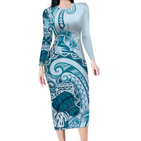 Aloha Hawaii Tapa Family Matching Long Sleeve Bodycon Dress and Hawaiian Shirt Cool Turquoise Hawaiian Ipu LT7 Mom's Dress Turquoise - Polynesian Pride