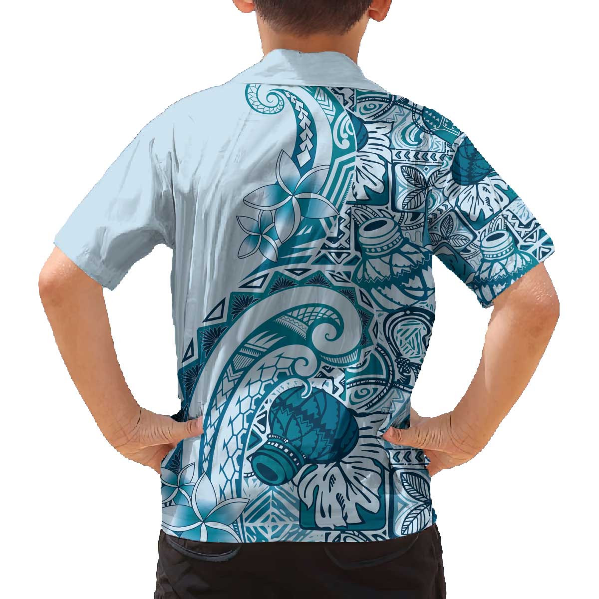 Aloha Hawaii Tapa Family Matching Off The Shoulder Long Sleeve Dress and Hawaiian Shirt Cool Turquoise Hawaiian Ipu LT7 - Polynesian Pride