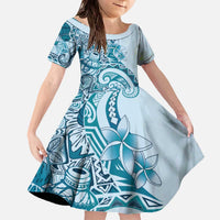 Aloha Hawaii Tapa Family Matching Off The Shoulder Long Sleeve Dress and Hawaiian Shirt Cool Turquoise Hawaiian Ipu LT7 Daughter's Dress Turquoise - Polynesian Pride
