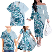 Aloha Hawaii Tapa Family Matching Off The Shoulder Long Sleeve Dress and Hawaiian Shirt Cool Turquoise Hawaiian Ipu LT7 - Polynesian Pride