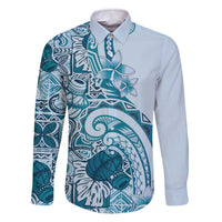 Aloha Hawaii Tapa Family Matching Off The Shoulder Long Sleeve Dress and Hawaiian Shirt Cool Turquoise Hawaiian Ipu LT7 Dad's Shirt - Long Sleeve Turquoise - Polynesian Pride
