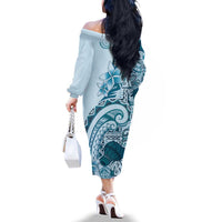 Aloha Hawaii Tapa Family Matching Off The Shoulder Long Sleeve Dress and Hawaiian Shirt Cool Turquoise Hawaiian Ipu LT7 - Polynesian Pride