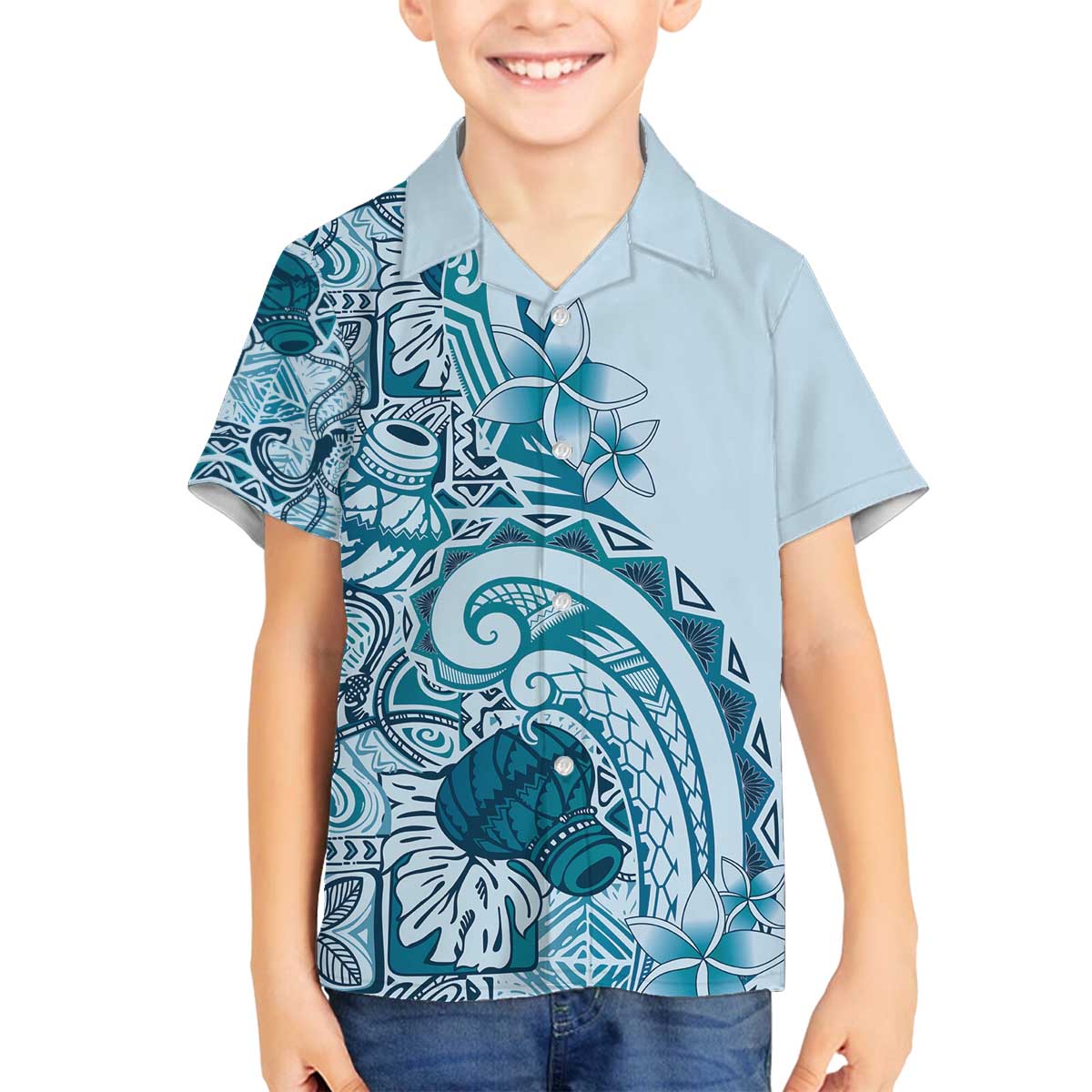 Aloha Hawaii Tapa Family Matching Off The Shoulder Long Sleeve Dress and Hawaiian Shirt Cool Turquoise Hawaiian Ipu LT7 Son's Shirt Turquoise - Polynesian Pride
